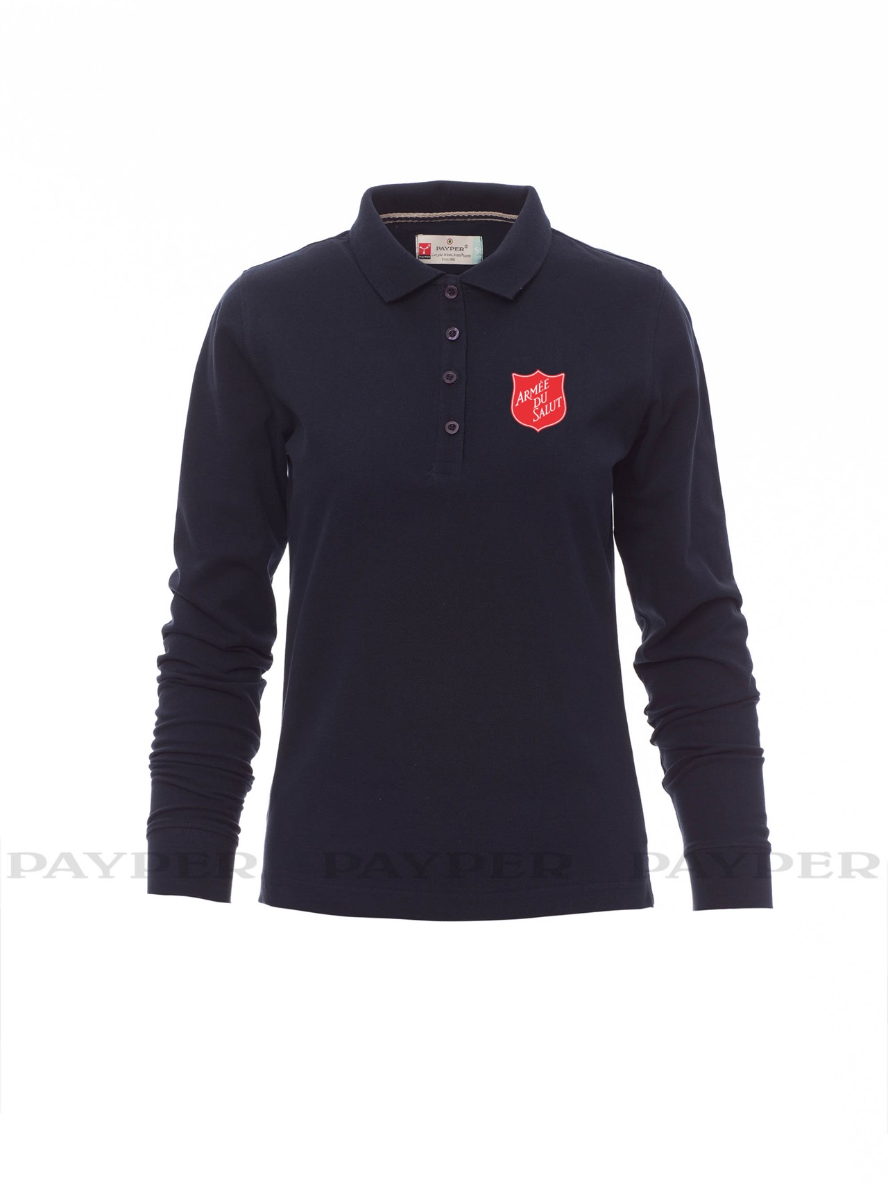 Polo femme marine manche longue avec logo serigraphié